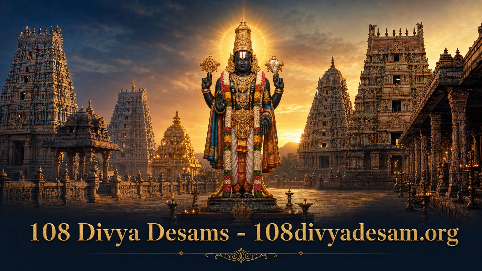 Perumal shrine before the gopurams of a Divya Desam temple at dusk